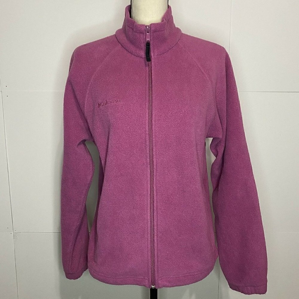 Columbia Women Sz Medium Pink Fleece Jacket Full-Zip Adjusted Waist Zip-Pockets